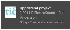 Tic-Tac Mobile, notifiering om ett projekt skapas eller uppdateras