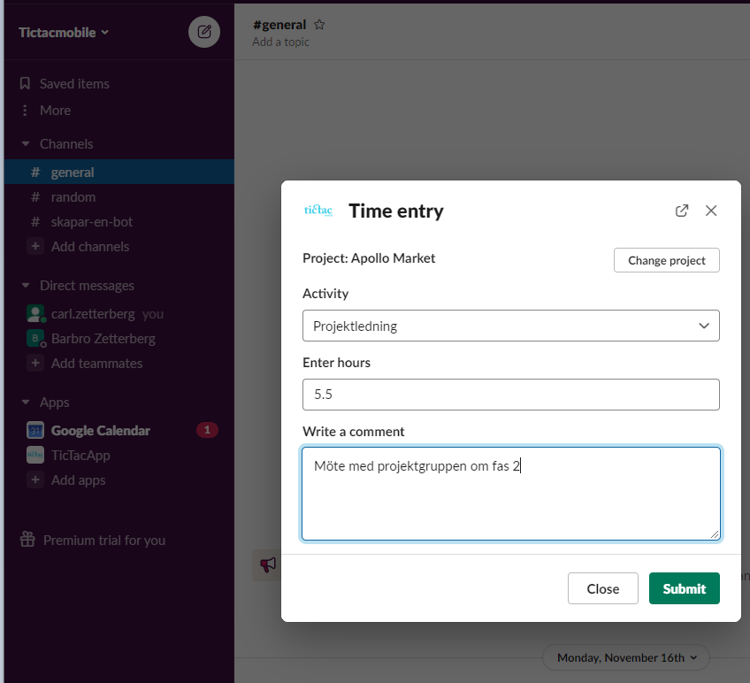 Tic-Tac Mobile, Slack app