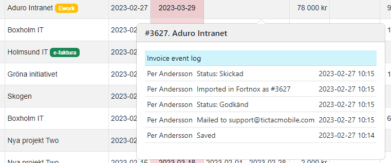Tic-Tac Mobile, händelselogg för fakturor